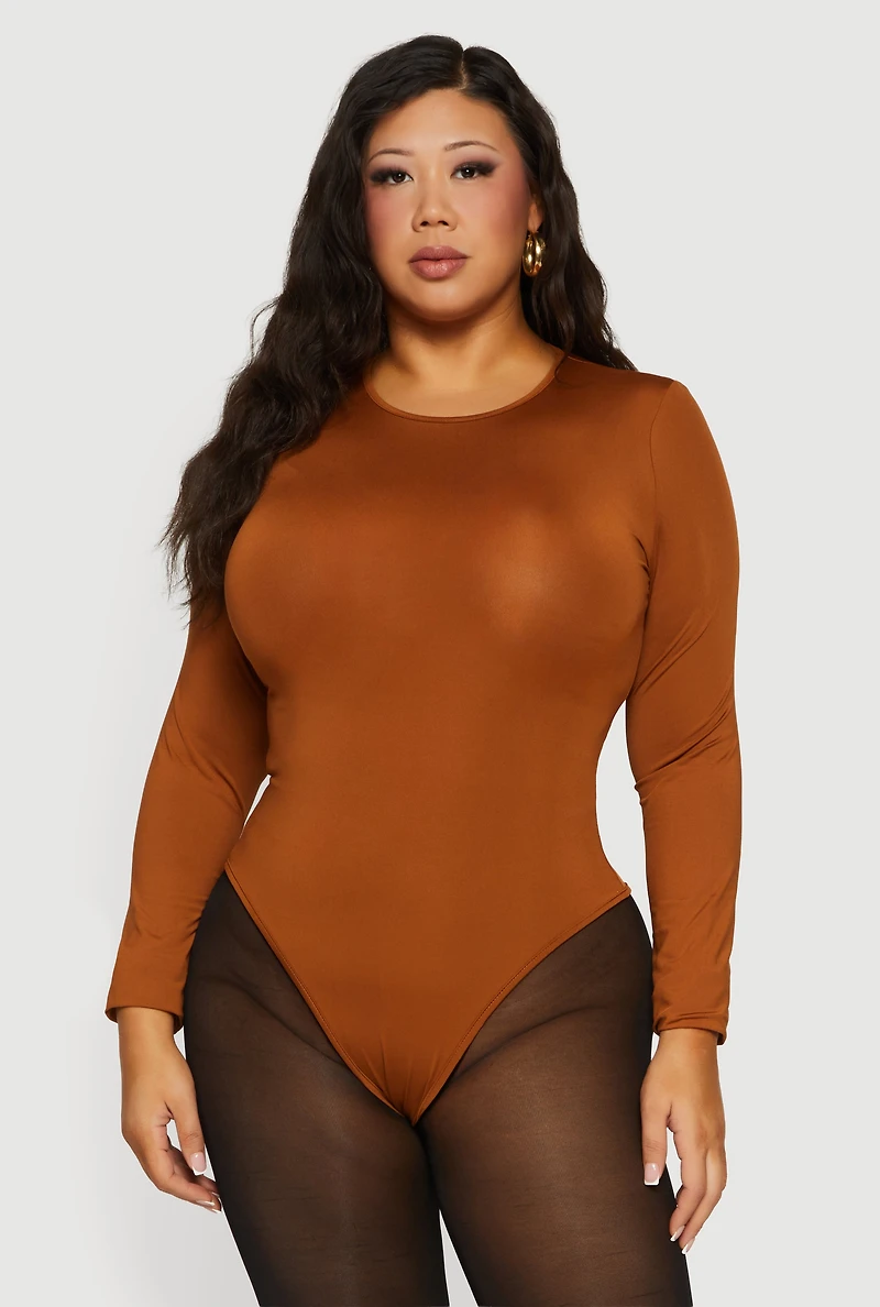 Plus Long Sleeve Solid Crew Neck Bodysuit