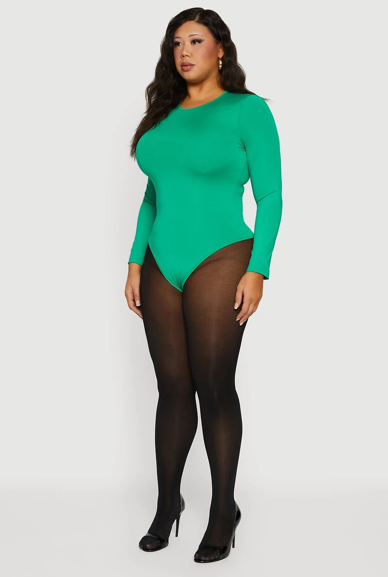 Womens Plus Long Sleeve Solid Crew Neck Bodysuit, 2X