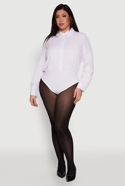 Womens Plus Size Daisy Long Sleeve Bodysuit with Shirt Collar, White, Size 1X
