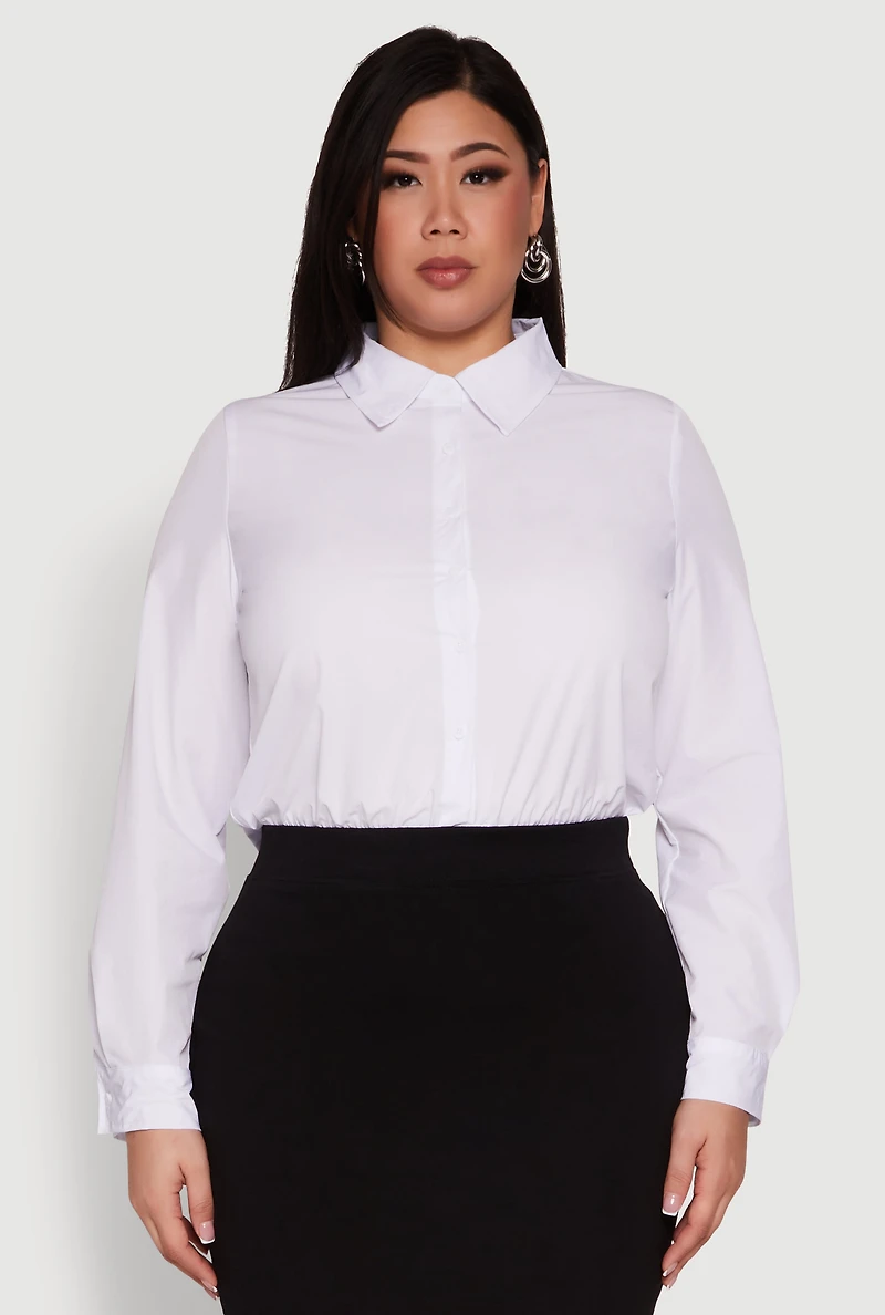 Womens Plus Size Daisy Long Sleeve Bodysuit with Shirt Collar, White, Size 1X