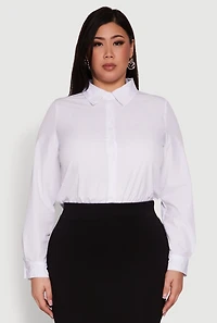 Womens Plus Size Daisy Long Sleeve Bodysuit with Shirt Collar, White, Size 1X