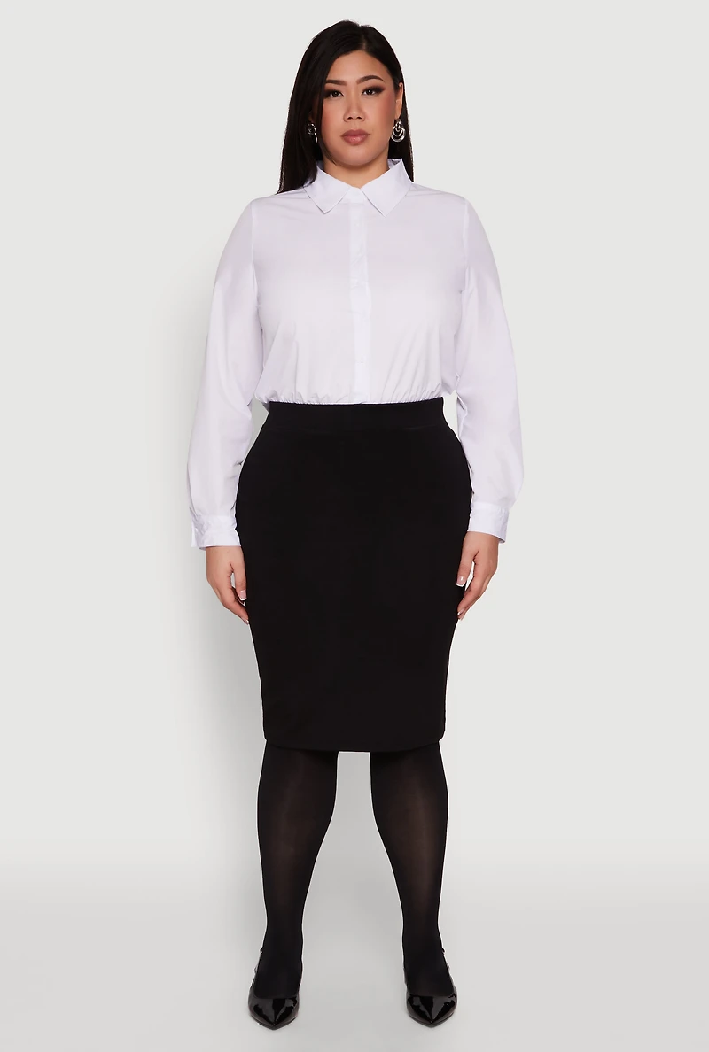 Womens Plus Size Daisy Long Sleeve Bodysuit with Shirt Collar, White, Size 1X