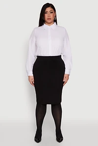 Womens Plus Size Daisy Long Sleeve Bodysuit with Shirt Collar, White, Size 1X
