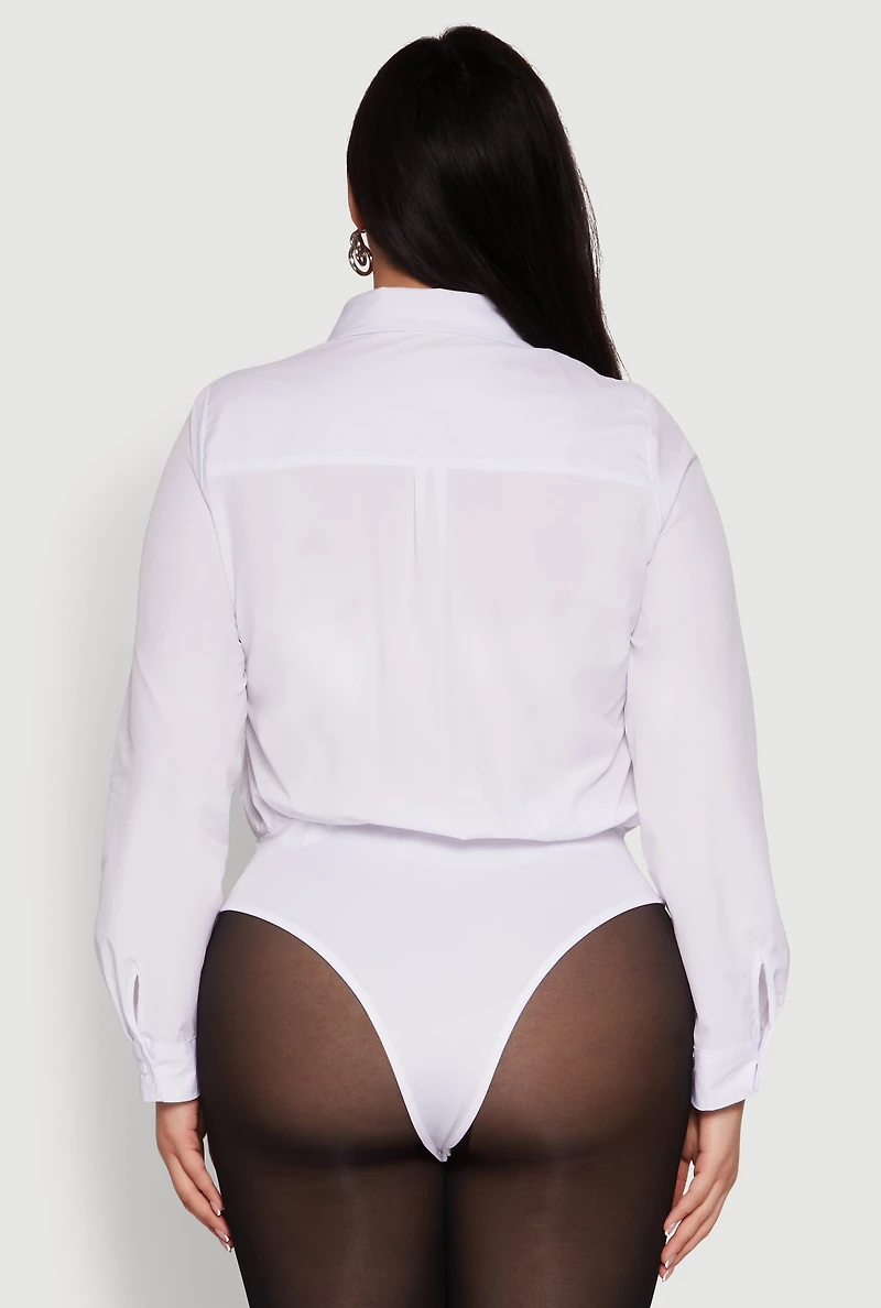 Womens Plus Size Daisy Long Sleeve Bodysuit with Shirt Collar, White, Size 1X