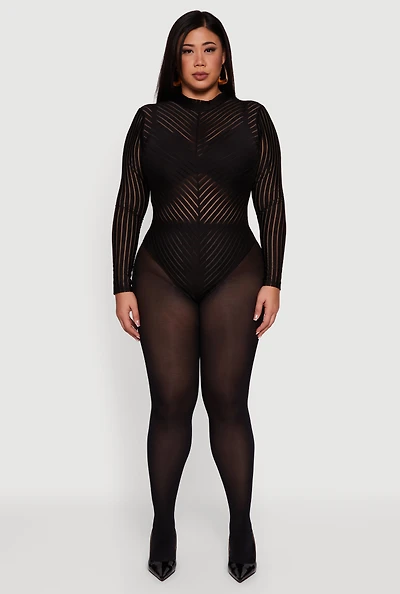 Womens Plus Shadow Stripe Mesh Mock Neck Bodysuit,
