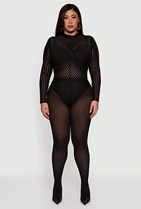 Womens Plus Shadow Stripe Mesh Mock Neck Bodysuit,