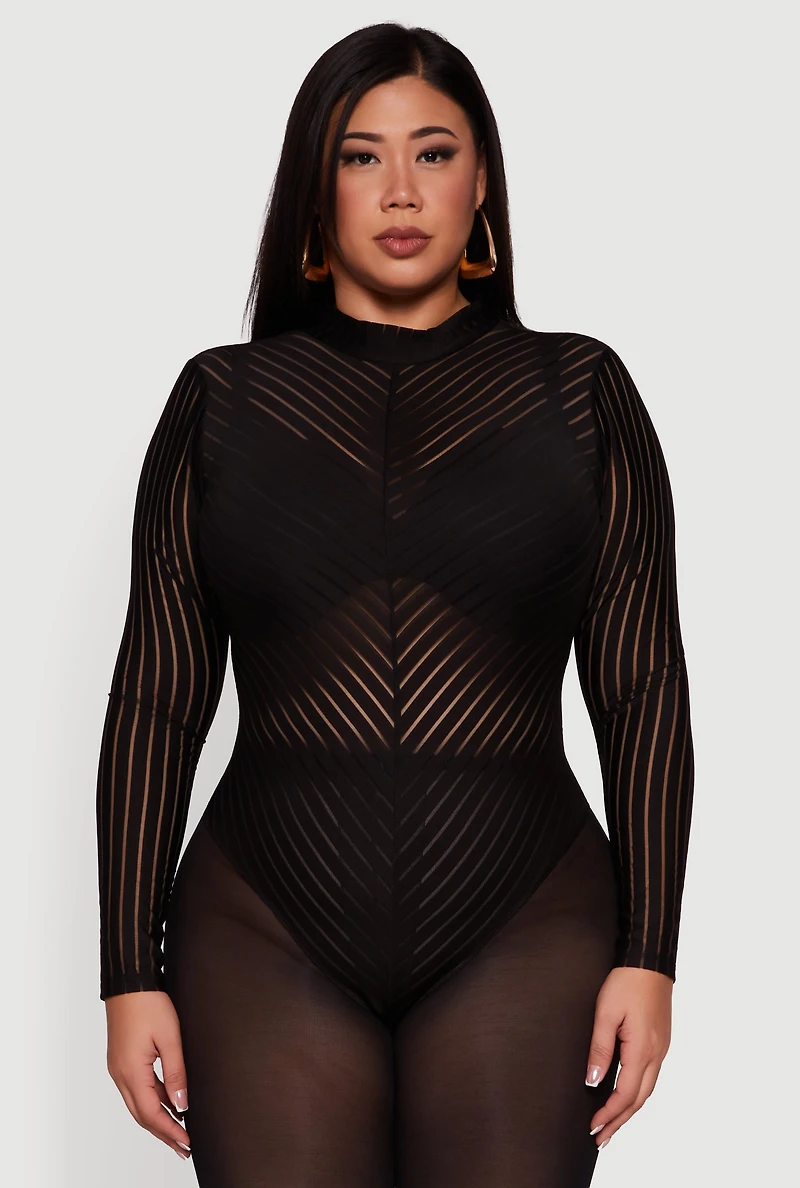 Plus Shadow Stripe Mesh Mock Neck Bodysuit