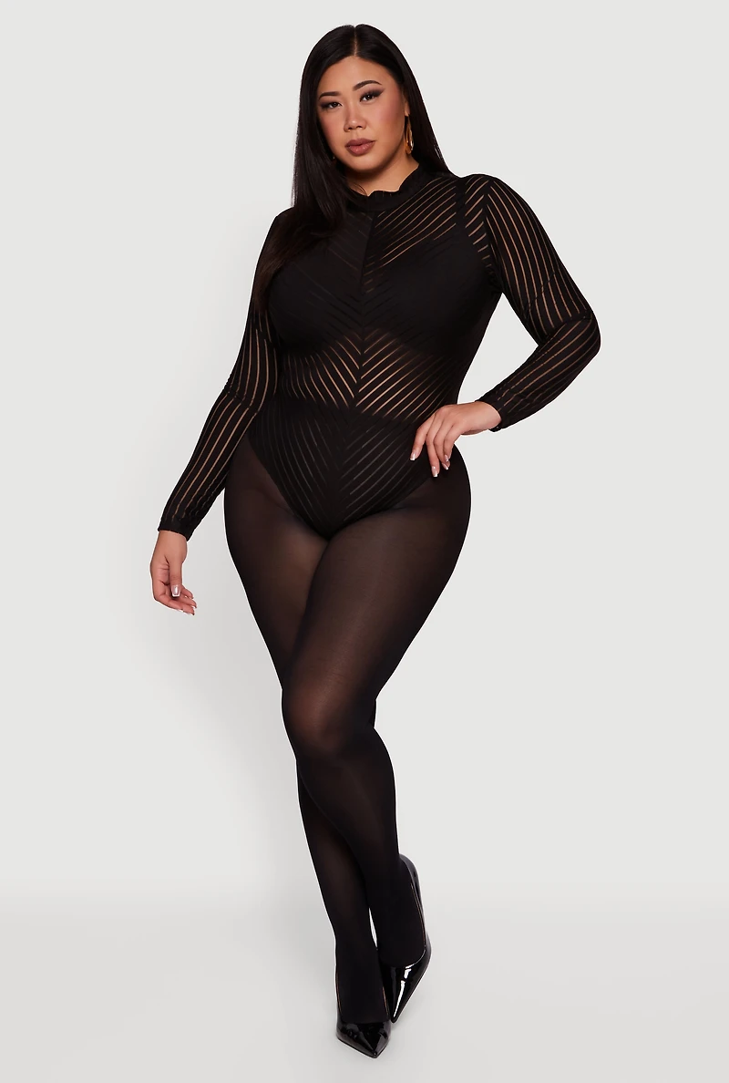 Womens Plus Shadow Stripe Mesh Mock Neck Bodysuit,