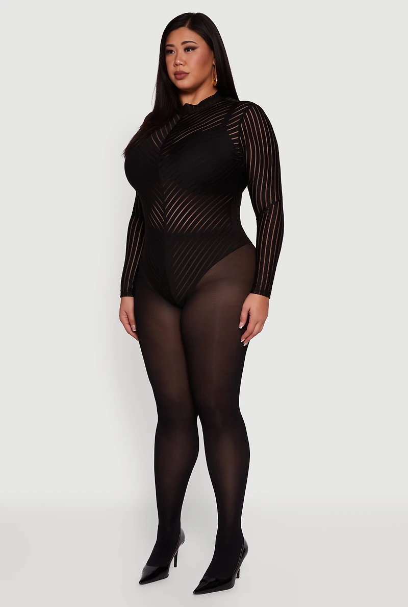 Womens Plus Shadow Stripe Mesh Mock Neck Bodysuit,
