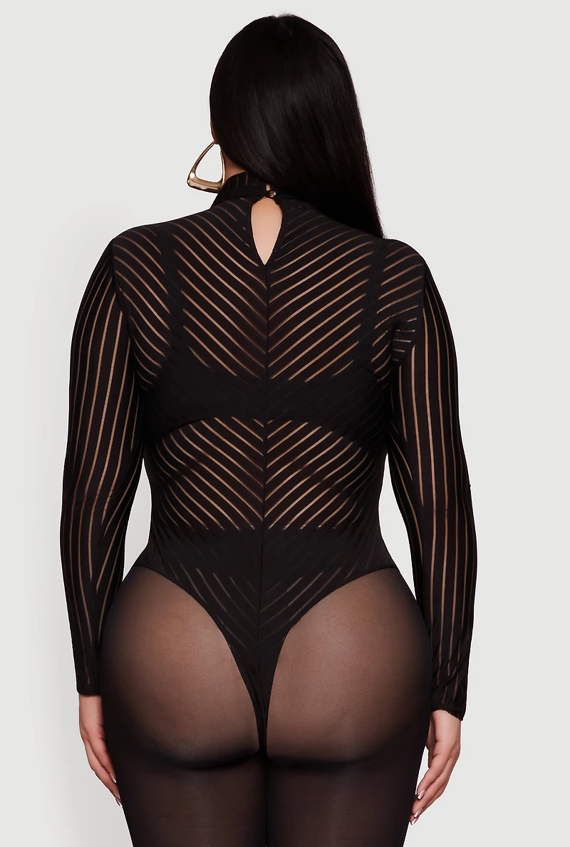 Womens Plus Shadow Stripe Mesh Mock Neck Bodysuit,