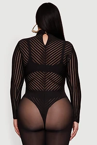 Womens Plus Shadow Stripe Mesh Mock Neck Bodysuit,