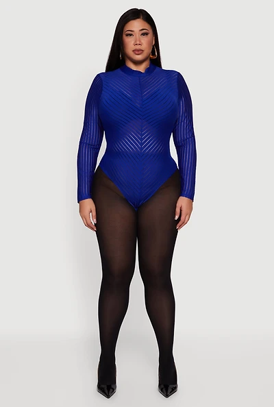 Womens Plus Size Shadow Stripe Mesh Mock Neck Bodysuit, Blue, Size 3X