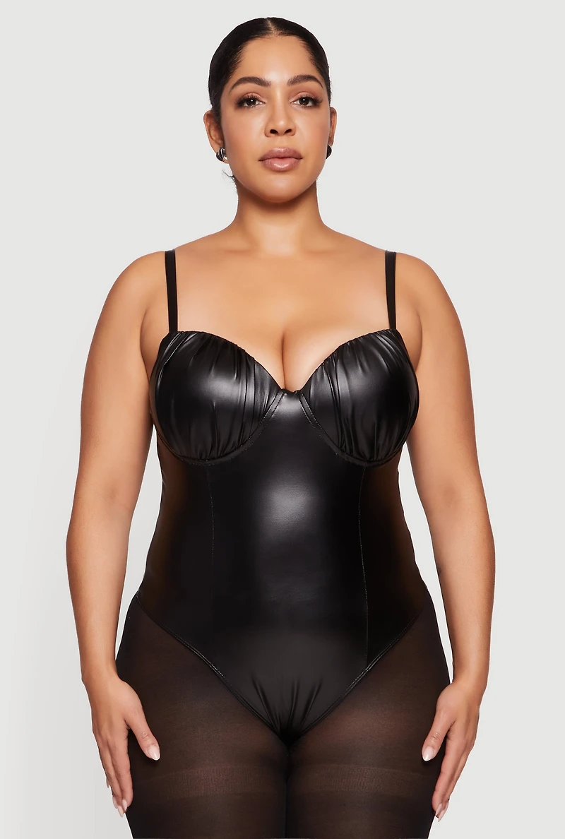 Plus Faux Leather Ruched Corset Bodysuit