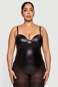 Plus Faux Leather Ruched Corset Bodysuit