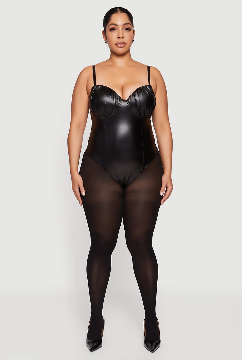 Plus Faux Leather Ruched Corset Bodysuit