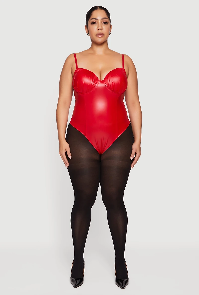 Womens Plus Faux Leather Ruched Corset Bodysuit, Red,