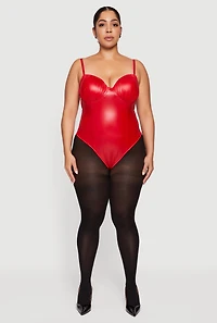 Womens Plus Faux Leather Ruched Corset Bodysuit, Red,