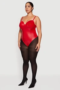 Womens Plus Faux Leather Ruched Corset Bodysuit, Red,