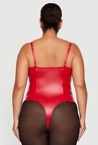 Womens Plus Faux Leather Ruched Corset Bodysuit, Red,