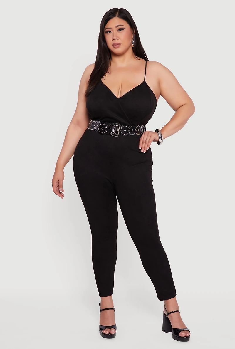 Womens Plus Faux Suede Sleeveless Jumpsuit,