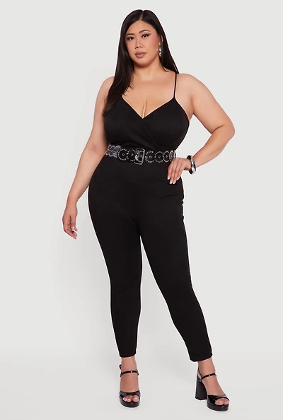 Womens Plus Faux Suede Sleeveless Jumpsuit,