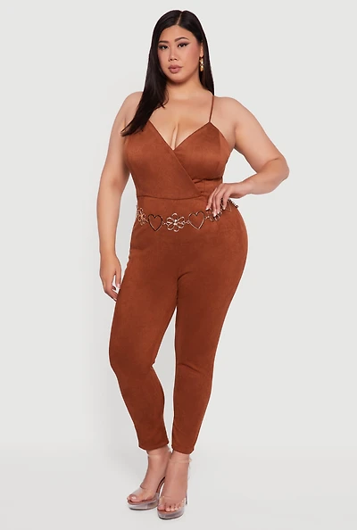 Womens Plus Size Faux Suede Sleeveless Jumpsuit, Brown, Size 3X