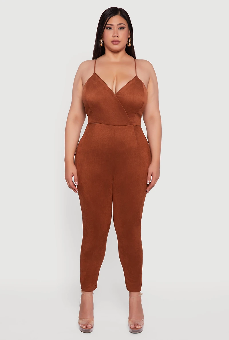 Womens Plus Size Faux Suede Sleeveless Jumpsuit, Brown, Size 3X