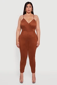 Womens Plus Size Faux Suede Sleeveless Jumpsuit, Brown, Size 3X