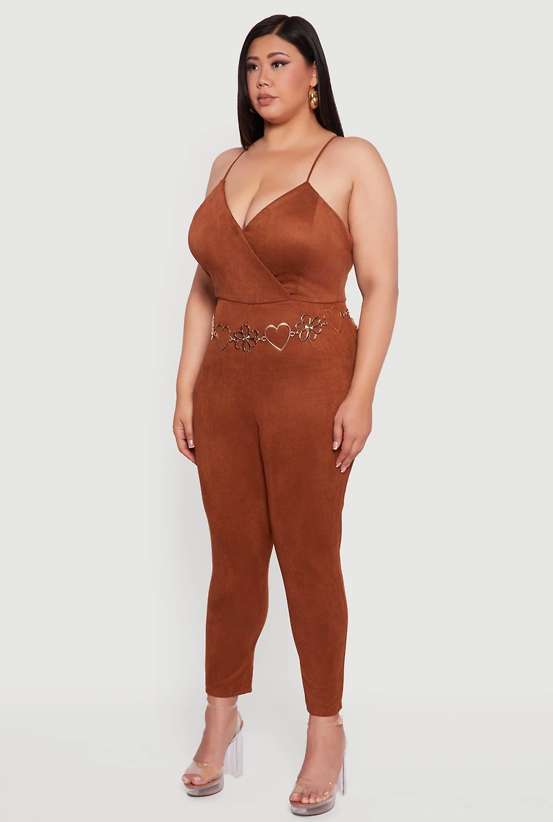 Womens Plus Size Faux Suede Sleeveless Jumpsuit, Brown, Size 3X