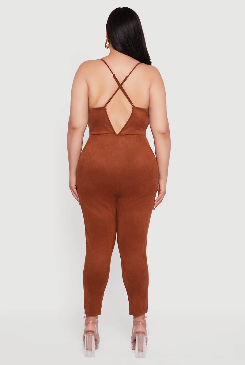 Womens Plus Size Faux Suede Sleeveless Jumpsuit, Brown, Size 3X