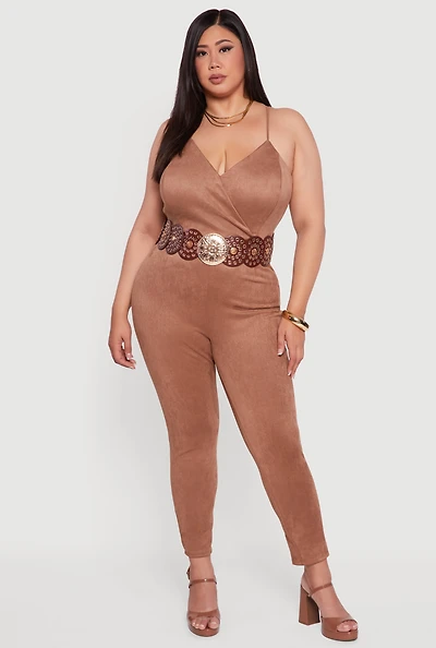 Womens Plus Size Faux Suede Sleeveless Jumpsuit, Beige, Size 1X