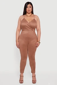 Womens Plus Size Faux Suede Sleeveless Jumpsuit, Beige, Size 2X