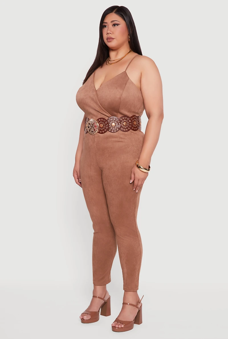 Womens Plus Size Faux Suede Sleeveless Jumpsuit, Beige, Size 2X