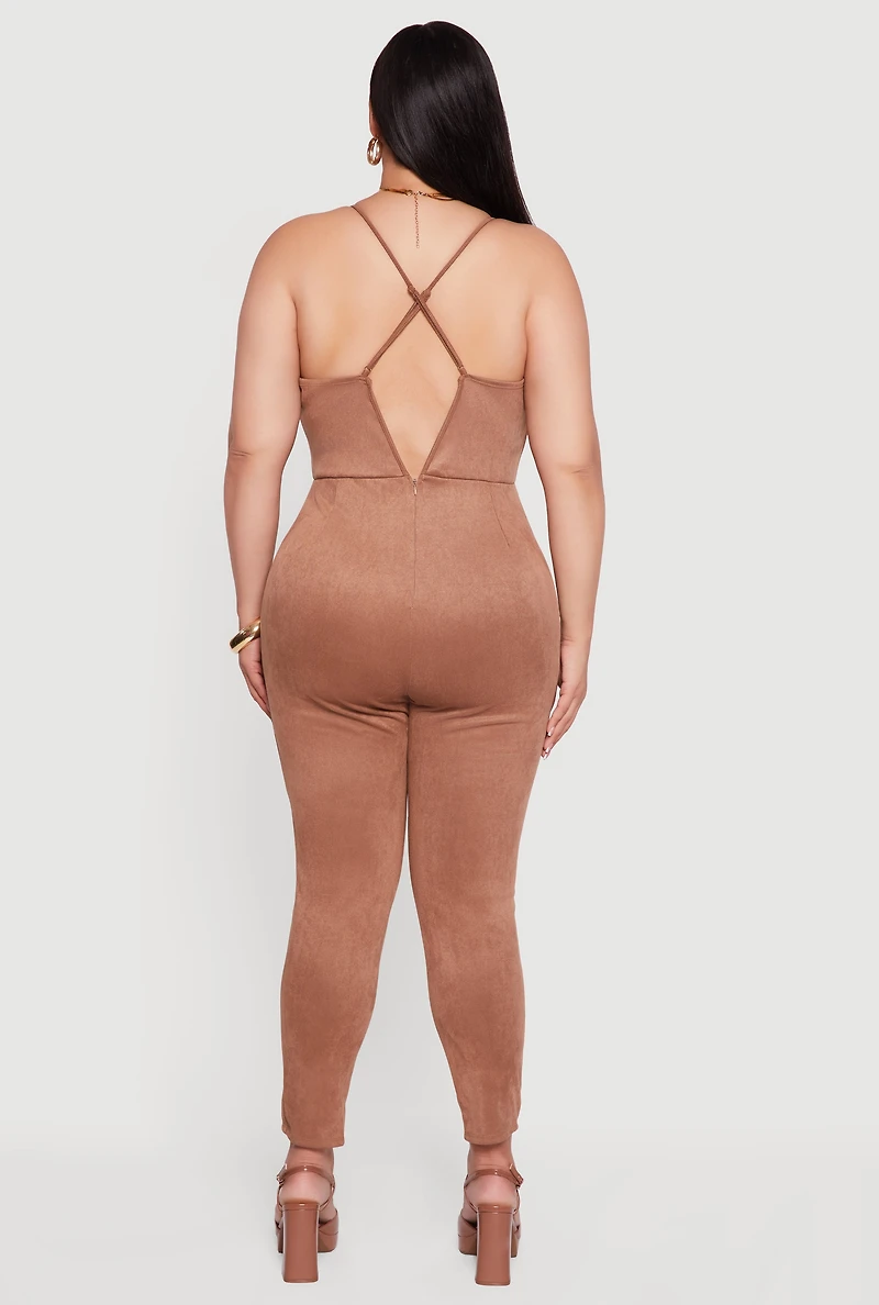 Plus Faux Suede Sleeveless Jumpsuit
