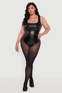 Womens Plus Faux Leather Sleeveless Square Neck Bodysuit, 1X
