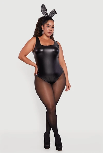 Womens Plus Size Faux Leather Sleeveless Square Neck Bodysuit, Black, Size 1X