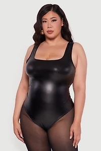 Womens Plus Faux Leather Sleeveless Square Neck Bodysuit, 1X