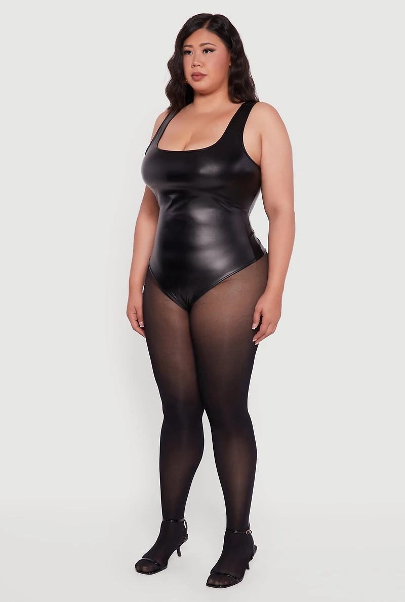 Womens Plus Faux Leather Sleeveless Square Neck Bodysuit, 1X
