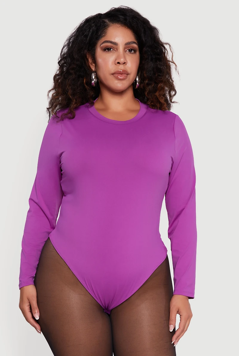 Plus Double Layer Long Sleeve Crew Neck Bodysuit