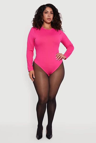 Womens Plus Double Layer Long Sleeve Crew Neck Bodysuit, Pink,