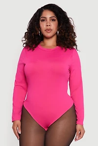 Womens Plus Double Layer Long Sleeve Crew Neck Bodysuit, Pink,