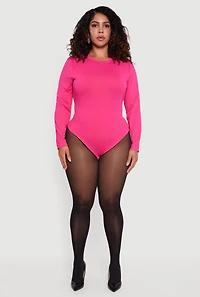 Womens Plus Double Layer Long Sleeve Crew Neck Bodysuit, Pink,