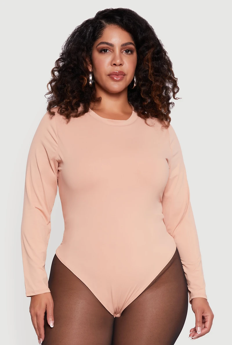 Womens Plus Double Layer Long Sleeve Crew Neck Bodysuit,