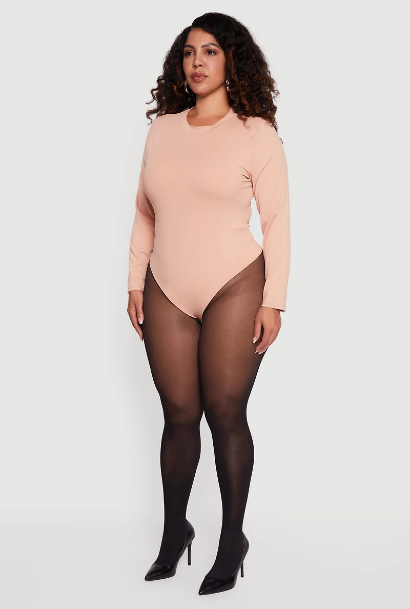 Womens Plus Double Layer Long Sleeve Crew Neck Bodysuit,