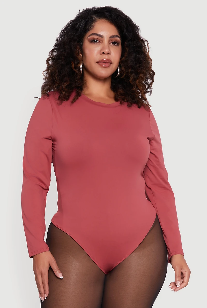 Womens Plus Double Layer Long Sleeve Crew Neck Bodysuit, Pink,