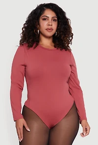 Womens Plus Double Layer Long Sleeve Crew Neck Bodysuit, Pink,