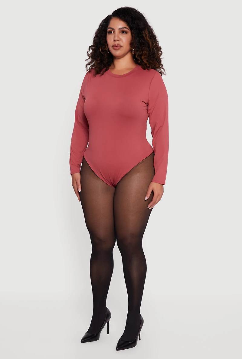 Womens Plus Double Layer Long Sleeve Crew Neck Bodysuit, Pink,