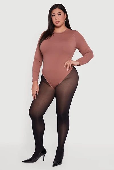 Womens Plus Double Layer Long Sleeve Crew Neck Bodysuit,