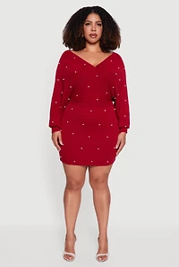 Womens Plus Faux Pearl Studded Wrap Sweater Dress, Red,