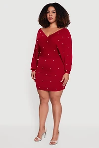 Womens Plus Faux Pearl Studded Wrap Sweater Dress, Red,